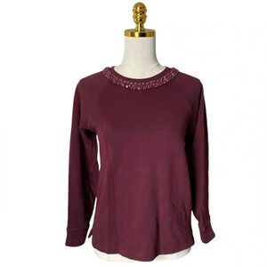 J CREW | Women’s Embellished Crewneck Sweater in 100% Cotton Wine Red Size S